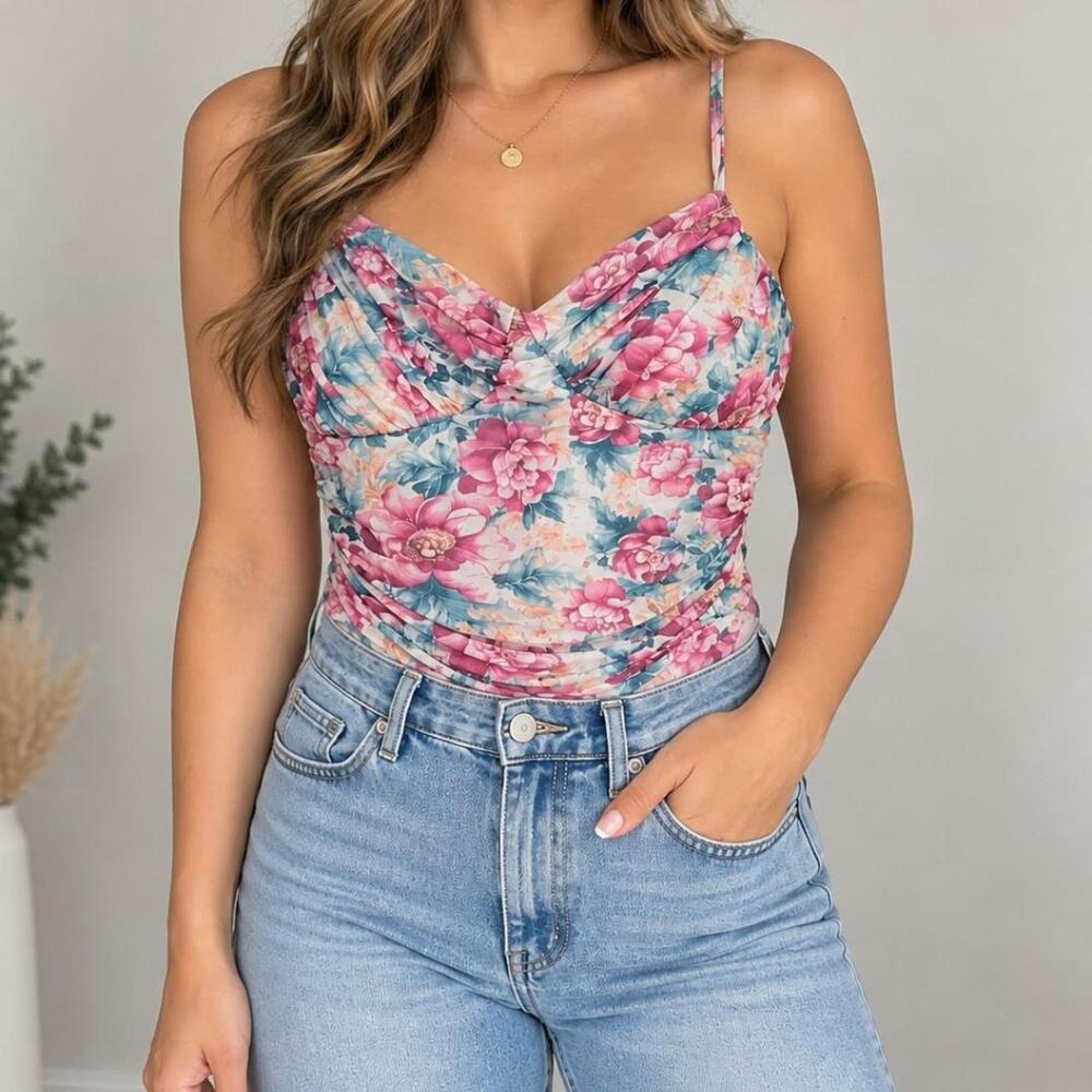 Express pink and blue floral body suit